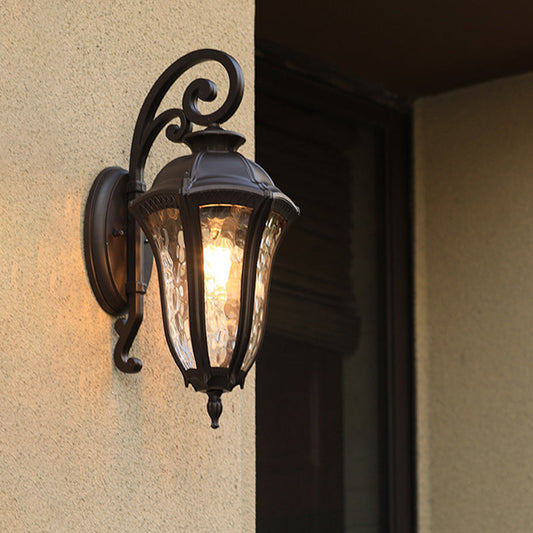 Rynx | 1-Light Water Glass Wall Lighting Rustic Black Urn Outdoor Corner Wall Mount Lamp Fixture