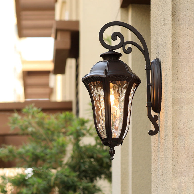 Rynx | 1-Light Water Glass Wall Lighting Rustic Black Urn Outdoor Corner Wall Mount Lamp Fixture