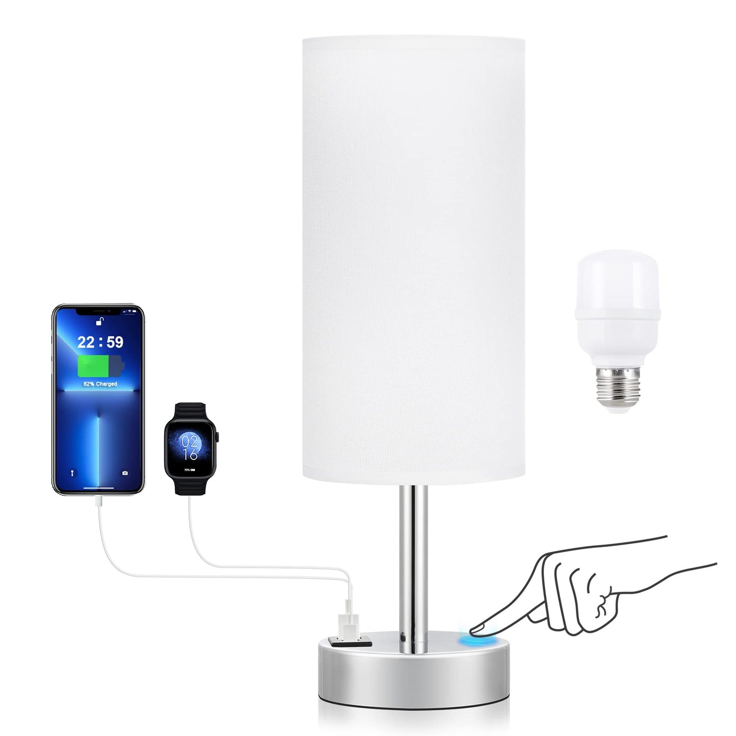 Rynx | Bedside lamp with touch function for nightstand with Usb-C Usb-A charging ports White, 3-step dimmable small lamp with fabric shade B