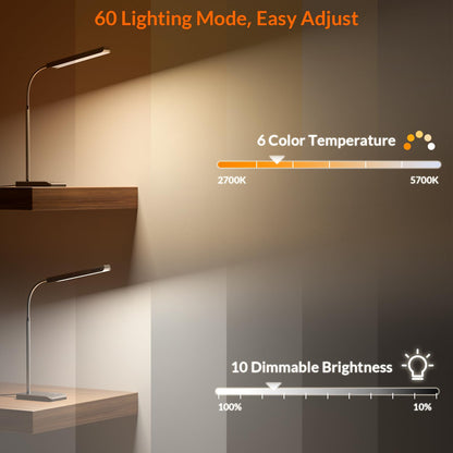 Rynx | Lepower-Tec LED Desk Lamp, 12W Touch Control, 60 Modes, Eye-Friendly Goose Neck, Silver
