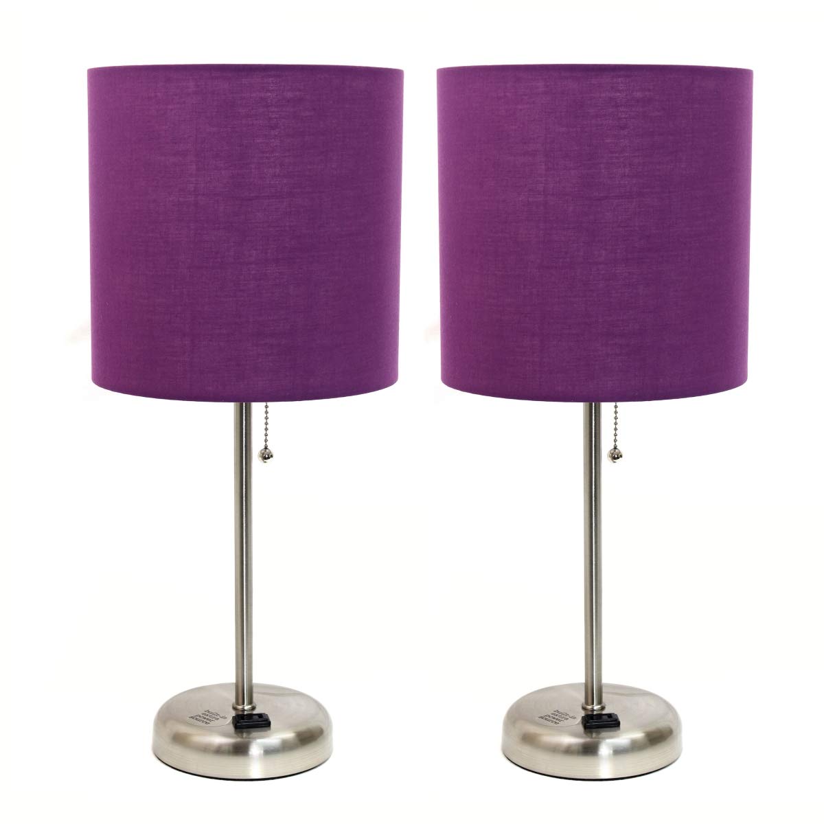 Rynx | Limelights Lc2001-Prp-2Pk Brushed Steel Stick Table Lamp With Charging Output & Fabric Shade; Purple - Set Of 2