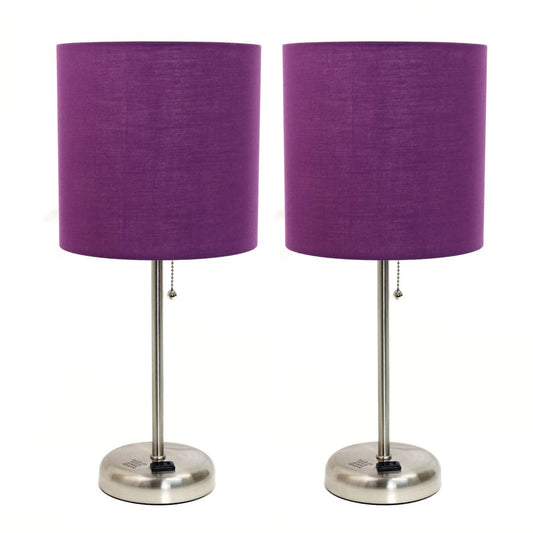 Rynx | Limelights Lc2001-Prp-2Pk Brushed Steel Stick Table Lamp With Charging Output & Fabric Shade; Purple - Set Of 2