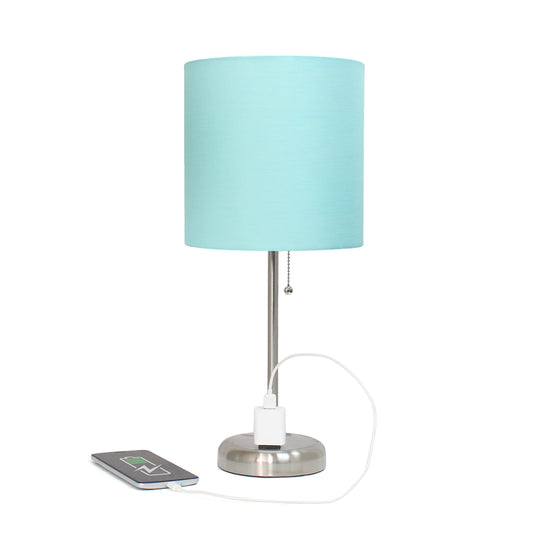 Rynx | Simple Design Lt1144-Aqu Elegant and Slim Brushed Steel Table Lamp With Charging Socket, For Bedroom, Living Room, Hallway, Office, Dining Room, Study, Aqua Shade