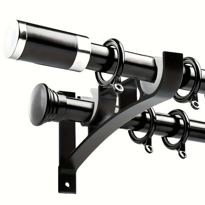 Rynx | 2 Sets Heavy Duty Curtain Rod Brackets - Black Metal Double Holder Hooks, Includes 4 Screws, Supports Up to 50kg