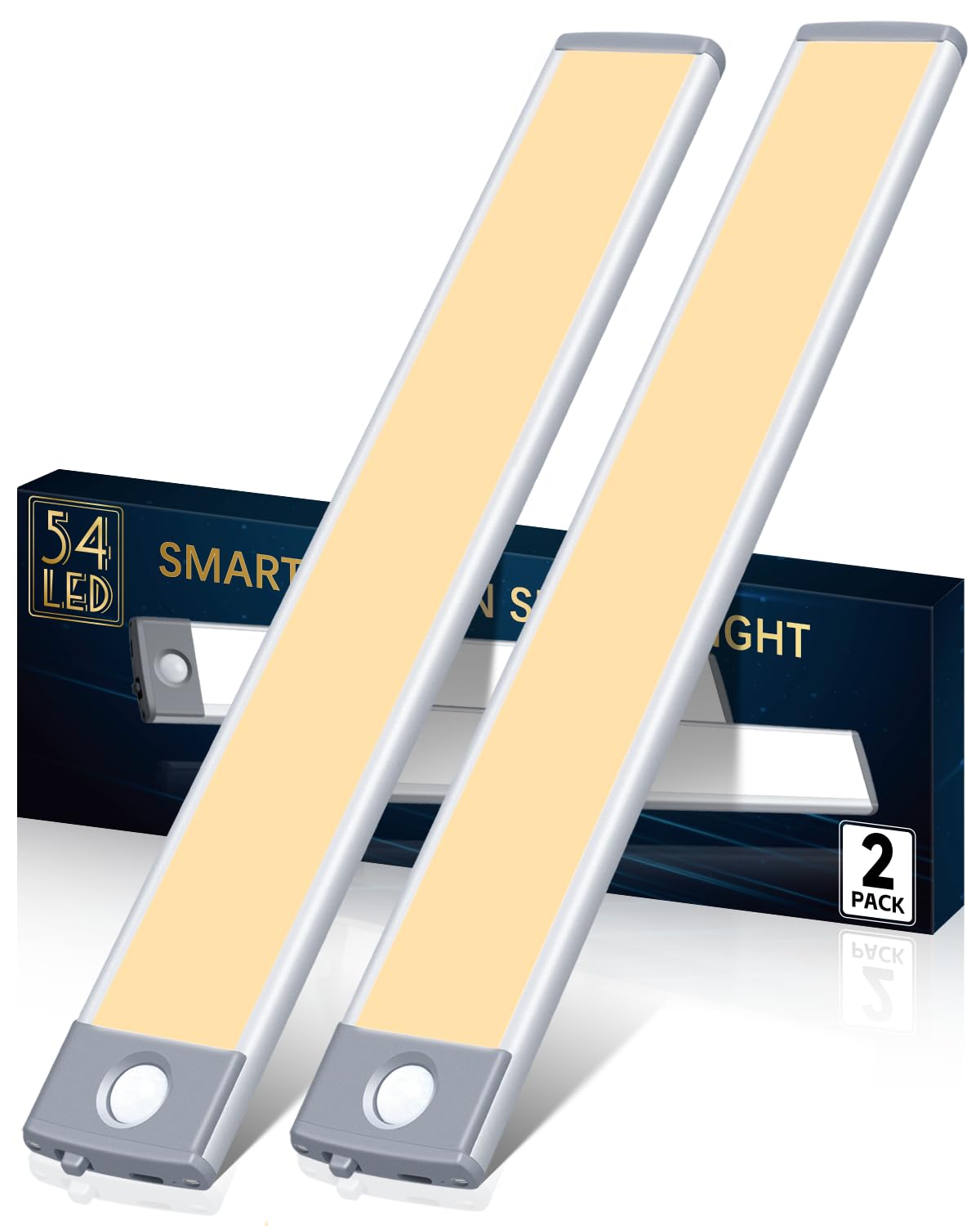 Rynx | Priorare 54 LED Motion Sensor Under Cabinet Lighting, Rechargeable Warm White Closet Light, 2Pack