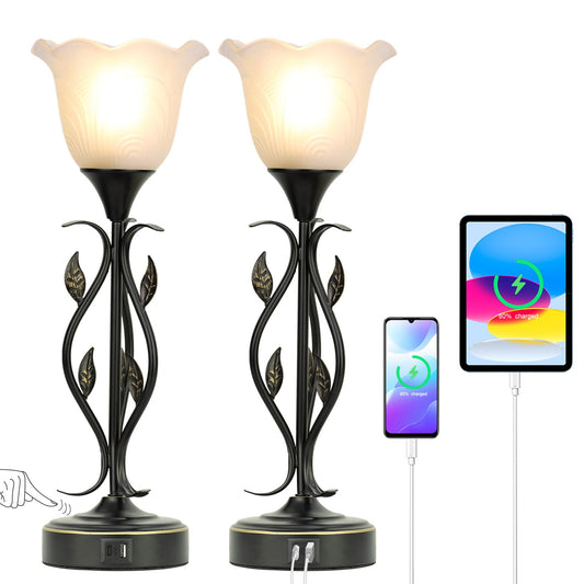 Rynx | Nightstand Lamps Set Of 2, Table Lamp With Usb Port 3-way Dimmable Touch Lamp Torchiere Nightstand Lamps With Rustic Vine Leaf And Glass Flower Shade Lamp For Bedroom, Living Room, Office