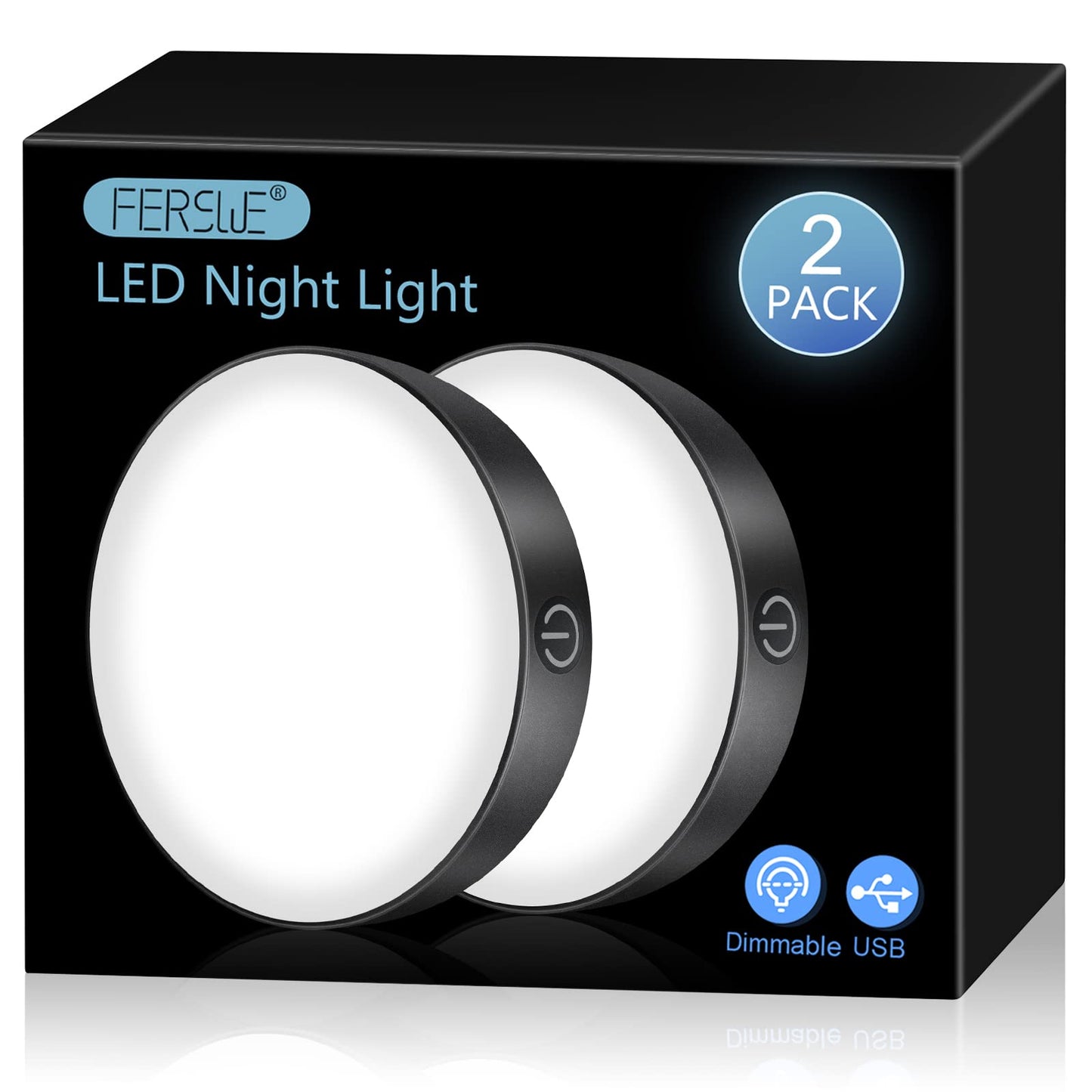 Rynx | Ferswe Dimmable Rechargeable Tap Light 6000K, Adjustable Brightness, 2 Pack, Black