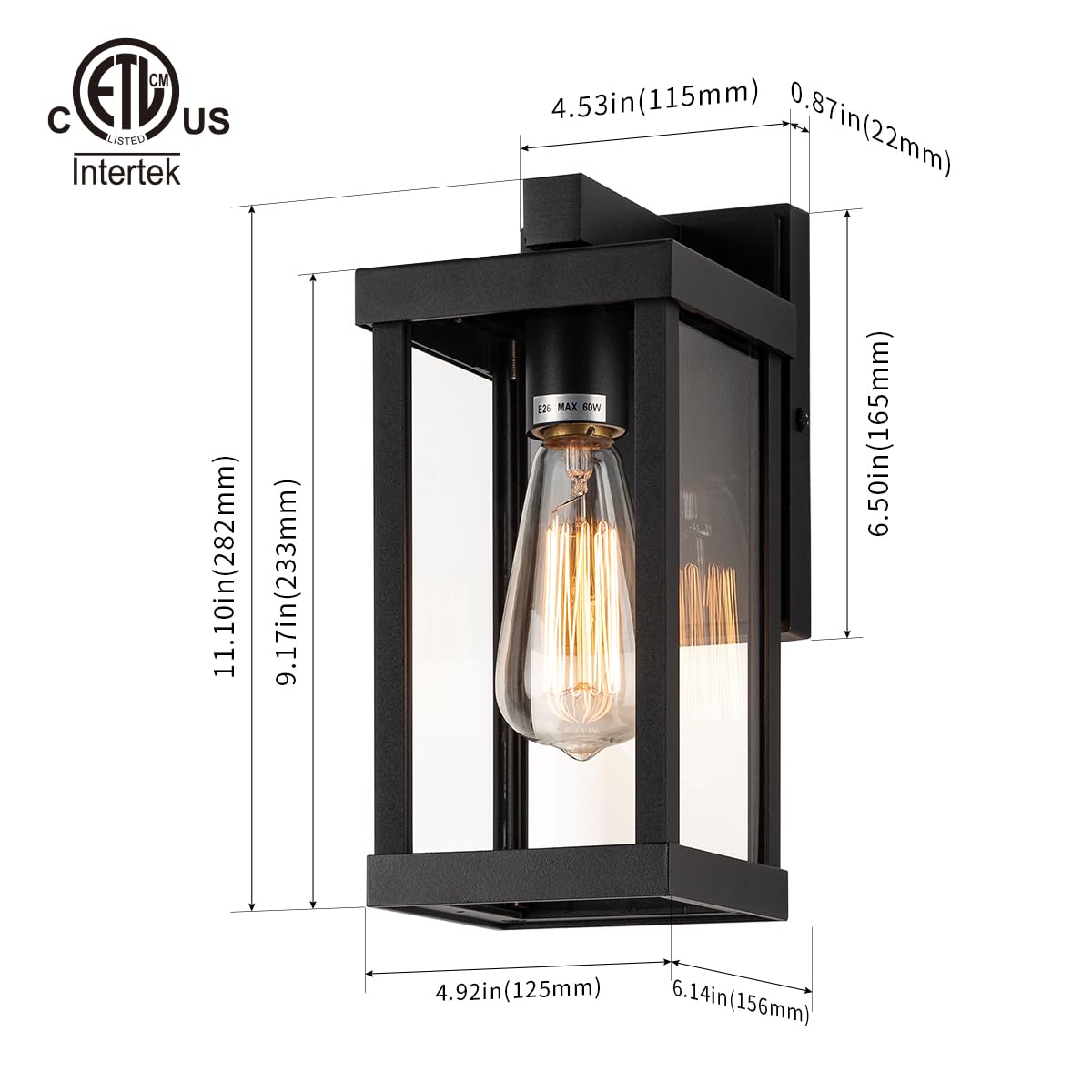 Rynx | Mirrea 11" Matte Black Outdoor Wall Lamp, Waterproof Rectangular Metal Frame, Pack of 2