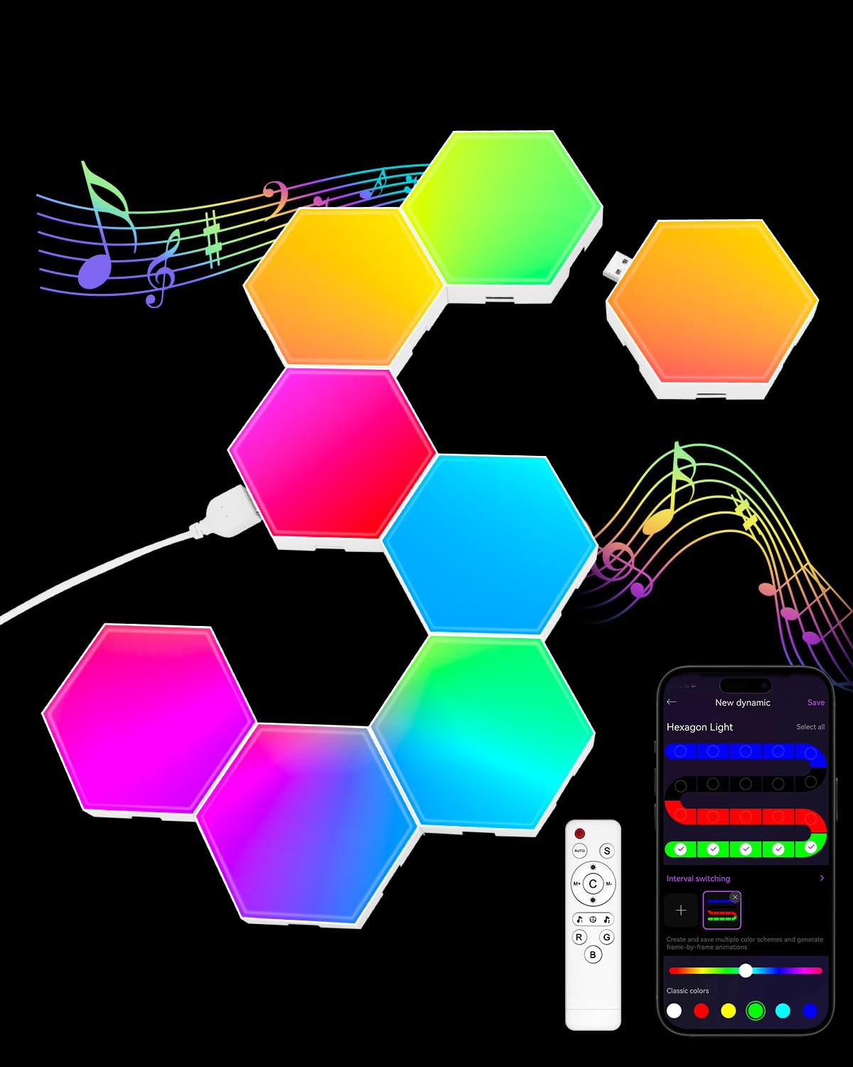 Rynx | Jimimoro 8 Pack Hexagon Light Panels - Cool Music Sync RGB Hexagon LED Lights Game Lights with App & Remote Control Wall Lamps