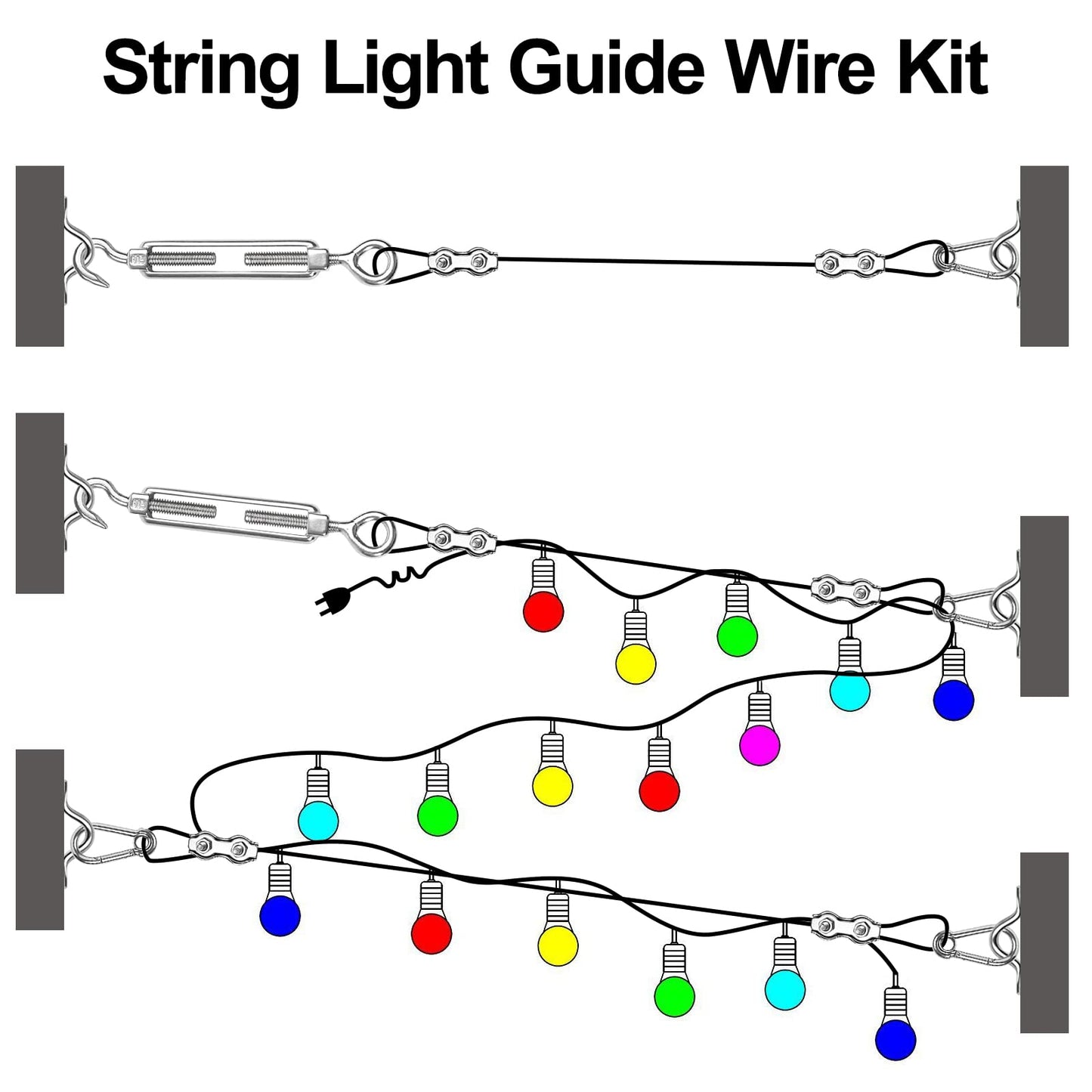 Rynx | Blika 300Ft Globe String Light Suspension Kit - Stainless Steel Wire, Turnbuckle & Hooks