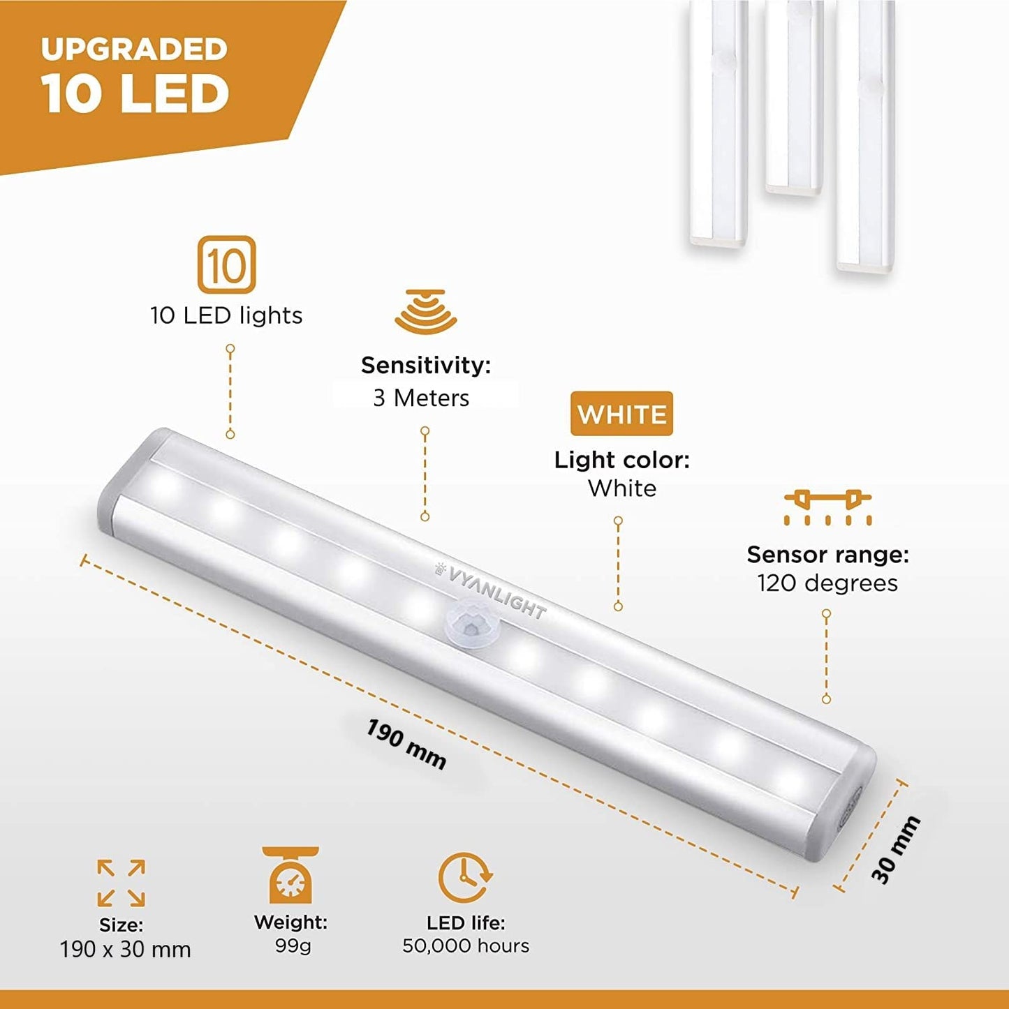 Rynx | Vyanlight Motion Sensor Led Under Cabinet Light, 10 Strips, Battery Powered, White, 6 Pack
