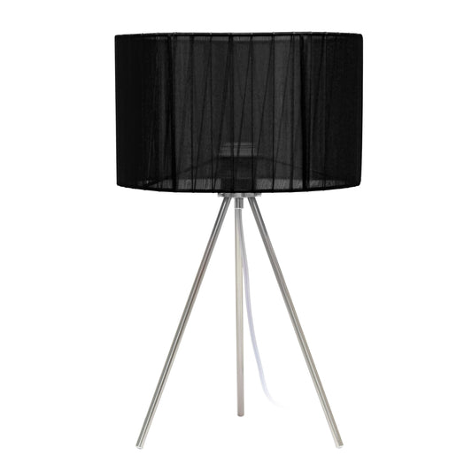 Rynx | Simple design metal tripod table lamp, brushed nickel with pleated black shade