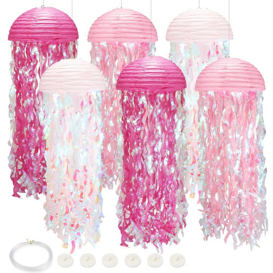 Rynx | 6Pack Pink Jellyfish Paper Lanterns, Under the Sea Party Decorations with Hooks + String, Hanging Jellyfish Paper Lanterns for Mermaid Party Beach, Birthday Party Baby Shower Children's Room