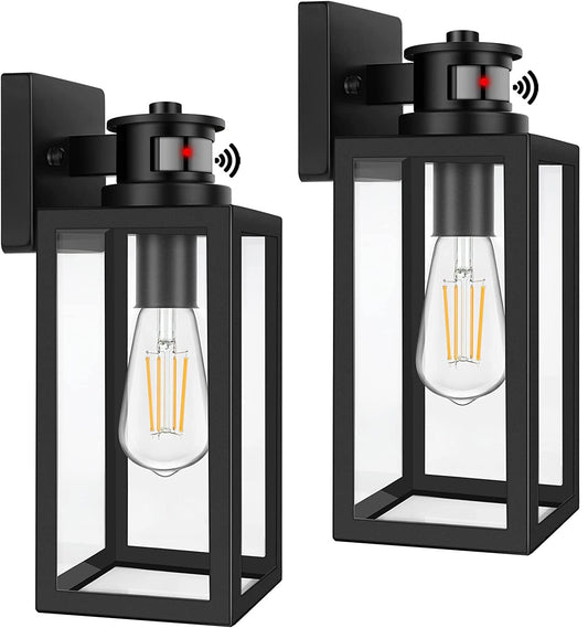 Rynx | Tobusa 2-Pack Motion Sensor Outdoor Wall Lights, Twilight To Dawn Black Lanterns For Veranda & Garage