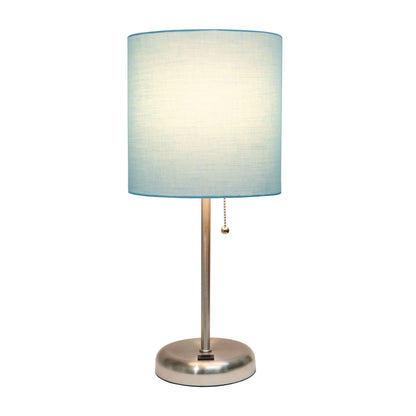 Rynx | Creekwood Home 19.5" Metal Table Lamp With USB Port & Aqua Drum Shade, Brushed Steel Finish