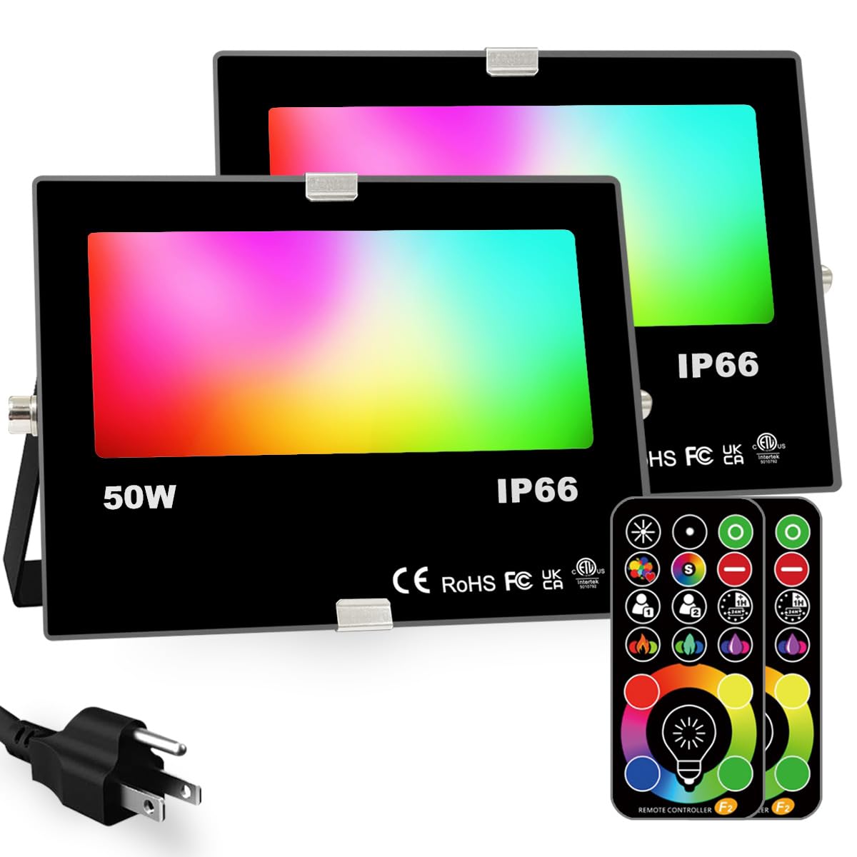 Rynx | Hekee 50W Rgb Led Flood Light, 5000 Lumen, Ip66 Waterproof, 2 Pack, Diy Strobe