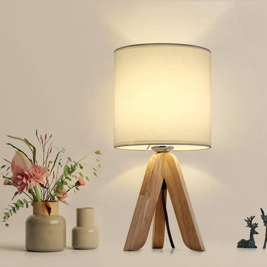 Rynx | Haitral Small Bed Lamp - Wooden Tripod Nightstand Lamp For Bedroom, Living Room, Office, Farmhouse, Home With Fabric Shade