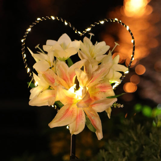 Rynx | Starryfill Heart Shaped Solar Garden Lighting With White Lily Flowers - 25 Led Warm White