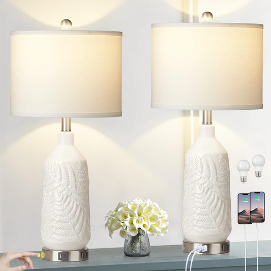 Rynx | Rinweey Modern Ceramic Table Lamps Set of 2 with Wheat Texture, Accent White Bedside Lamps with USB A+C Ports & AC Outlet, 3 Way Touch Control Modern Nightstand Lamps for Bedroom Living Room