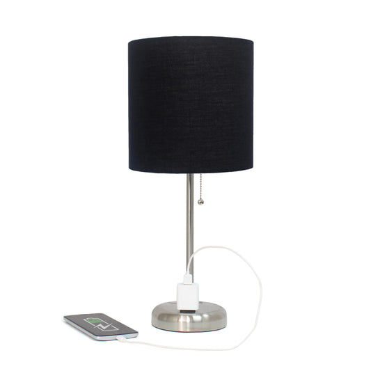 Rynx | Simple Design Lt1144-Blk Elegant and Slim Brushed Steel Lamp with Charging Outlet, For Bedroom, Living Room, Entryway, Office, Dining Room, Study, Black Shade