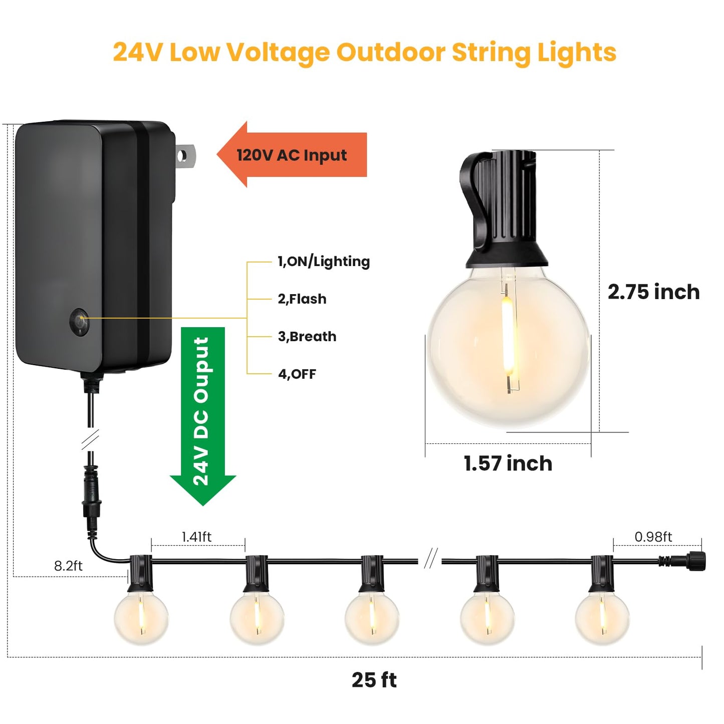 Rynx | Yuusei 25Ft Dimmable Led Outdoor String Lights With Remote & 12 Shatterproof Bulbs, Black