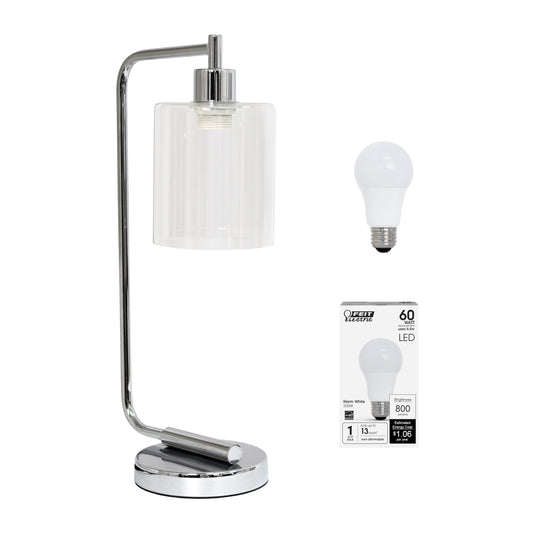 Rynx | Simple Designs Ld1036-Chr-Lb 18.8" Industrial Bronson Antique Style Iron Lantern Desk Lamp With Glass Shade For Home Decor, Office, Living Room, Bedroom, Chrome, With Fat LED Bulb Included