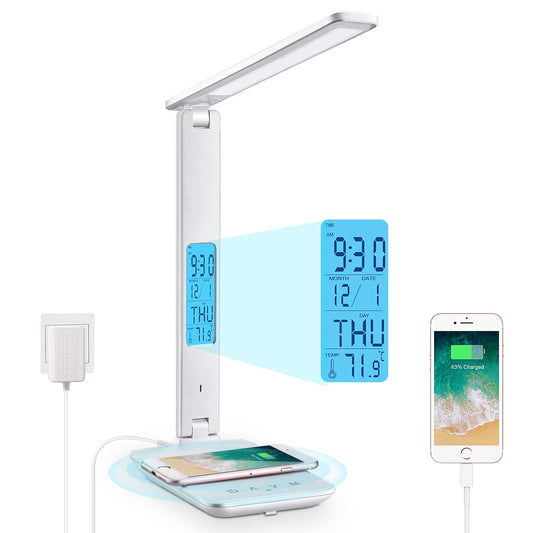 Rynx | Laopao Desk Lamp, Led Desk Lamp With Wireless Charger, Usb Charging Port, Adjustable Foldable Table Lamp With Clock, Alarm, Date, Temperature, 5-Level Dimmable Lighting, Office Lamp With Adapter