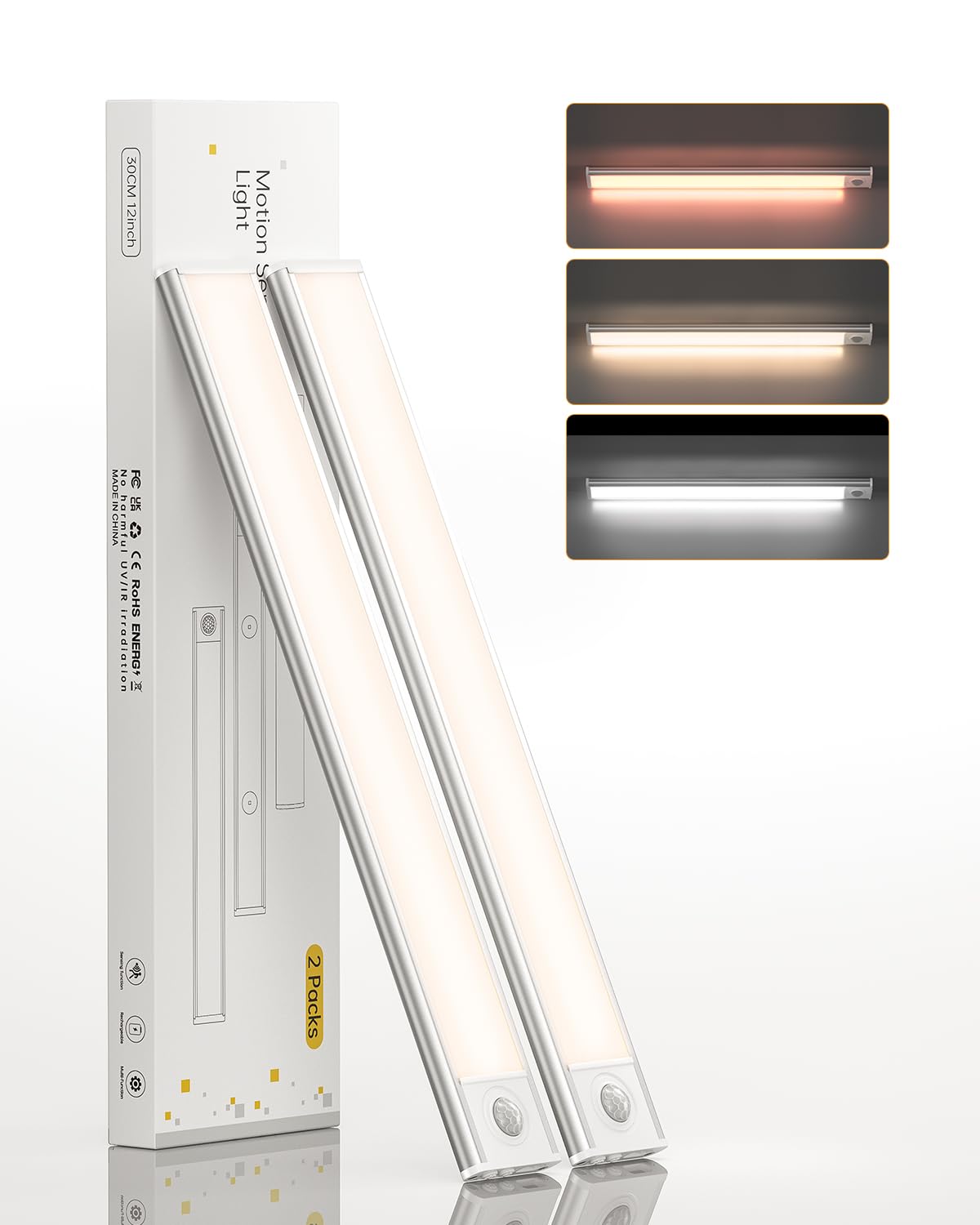 Rynx | Motion Sensor Light Indoor 12 Inch, 54 LED Under Cabinet Lighting with 3 Color Dimmable, Battery Powered Wardrobe Light Rechar