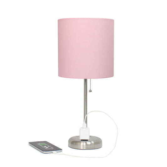 Rynx | Simple Design Lt1144-Lpk Elegant and Slim Brushed Steel Table Lamp With Charging Option, For Bedroom, Living Room, Hallway, Office, Dining Room, Study, Light Pink Shade