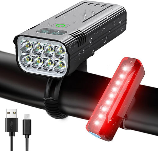 Rynx | Victoper 8000 Lumens Bicycle Light Set, 8 Led Usb Rechargeable Front & Back Lights, Matte Black