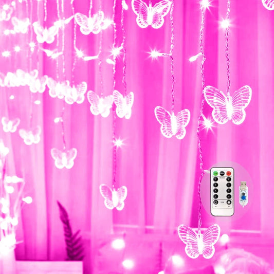 Rynx | Felishine Pink Butterfly Curtain Fairy Lights - 120 Led, 8 Modes, Usb, Waterproof, Remote Control
