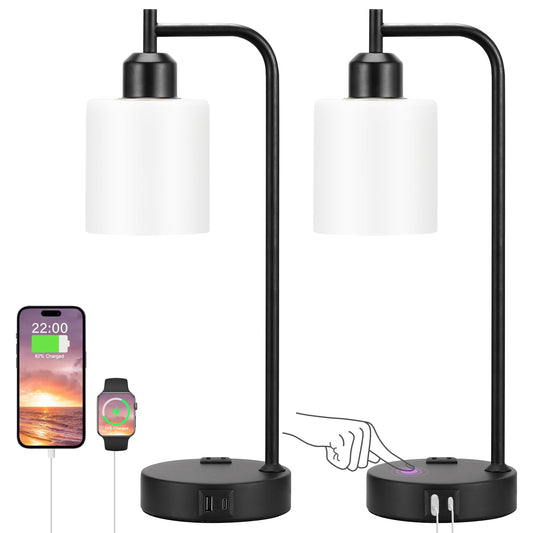 Rynx | Industrial Touch Bedside Lamps For Bedroom Set Of 2 - 3-Way Dimmable Nightstand Lamps With Usb C+A Ports And Outlet, Table Lamps With Opal Glass Shade For Living Room, Desk Lamps For Home Office
