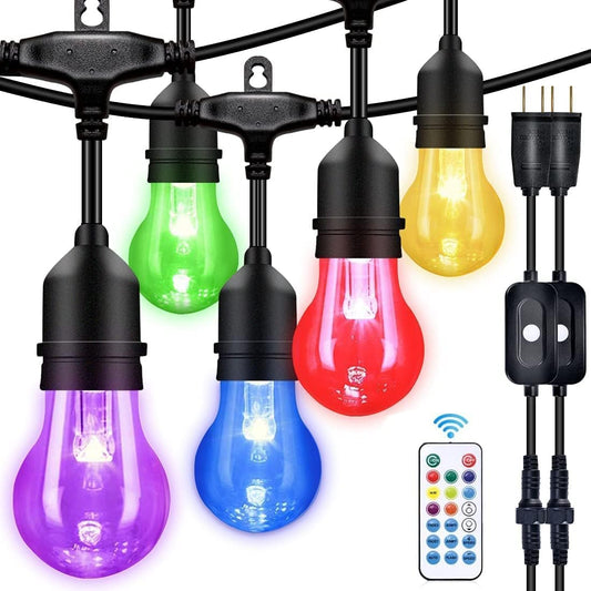Rynx | Auroraworld Outdoor Patio Lights Color Changing, 48Ft RGB LED String Lights With E26 Shatterproof Edison Bulbs, Dimmable Patio String Lights For Bistro Backyard Garden, 1 Remote Control