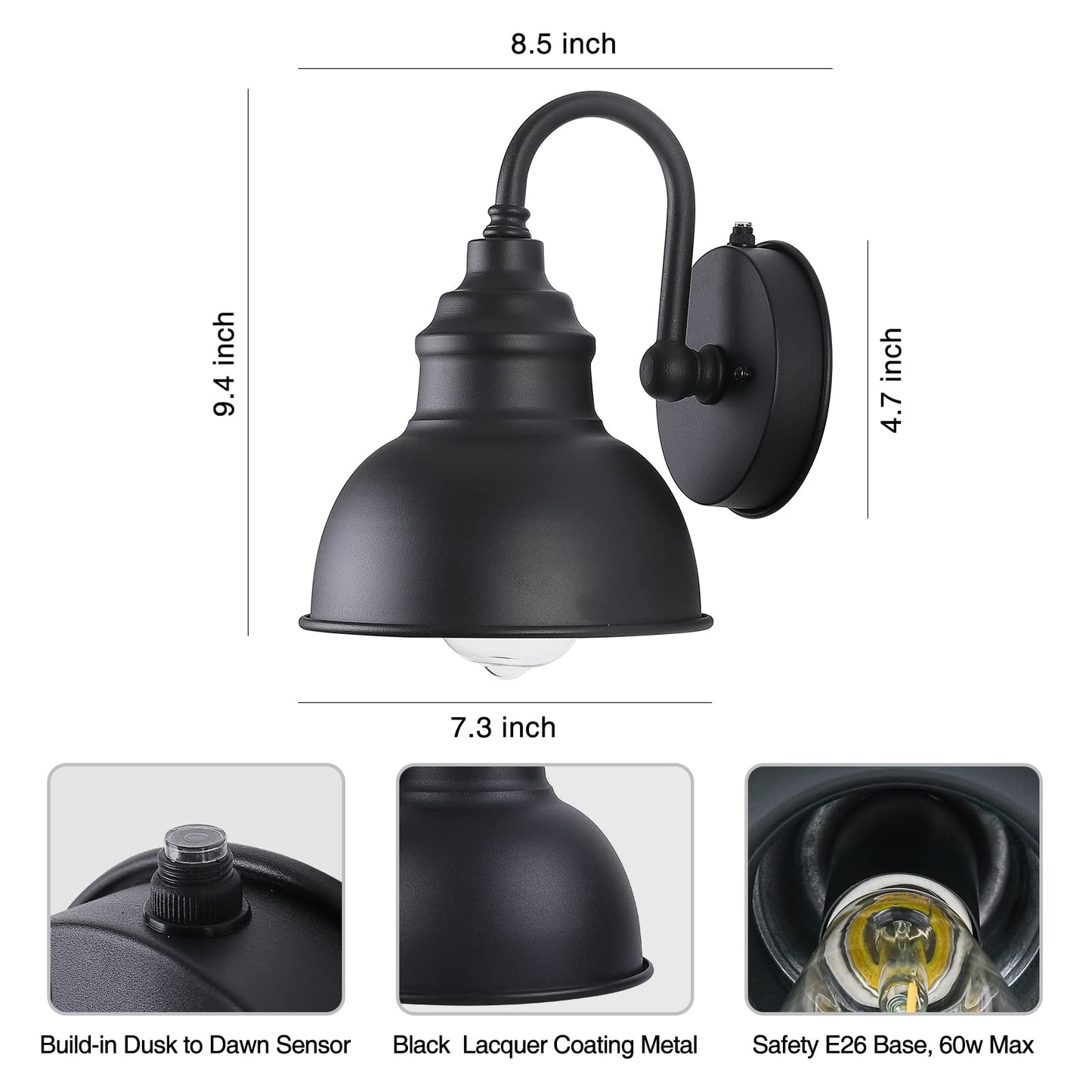 Rynx | Naurham Barn Light Gooseneck - Dusk To Dawn Garden Lighting, 1-Light Wall Lamp