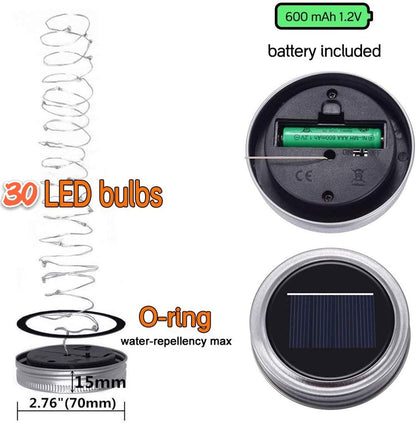 Rynx | Sunkite 12-Pack Solar Mason Jar Light Sources, 30 Led Waterproof Fairy Lights For Garden Decor - Cool White