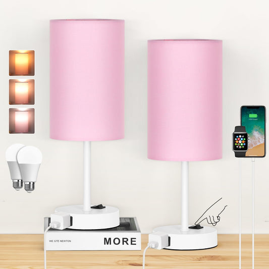 Rynx | Zjojo Table Lamp For Bedroom Set Of 2, Nightstand Small Lamps With 3 Way Dimmable Switch And AC Outlet, Nightstand Desk Lamp With Pink Fabric Shade White Base For Living Room Home Decor Light
