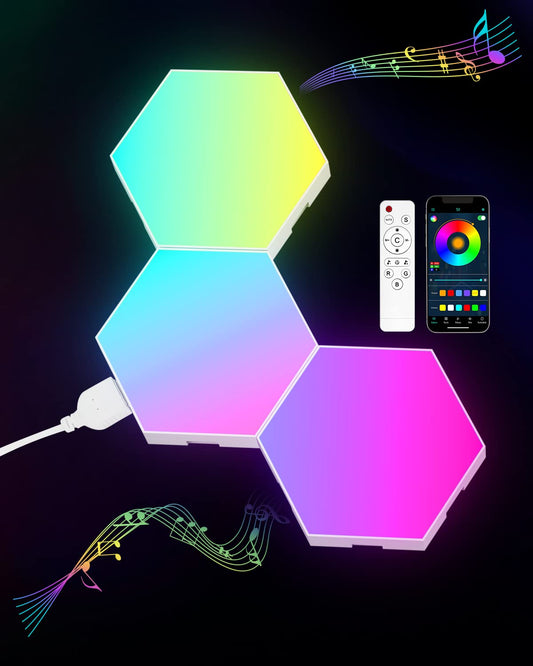 Rynx | Jimimoro 3 Pack Heptagon Light Panels - Smart RGB Heptagon LED Light Wall Lamps with App & Remote Control Cool Music Sync Gaming