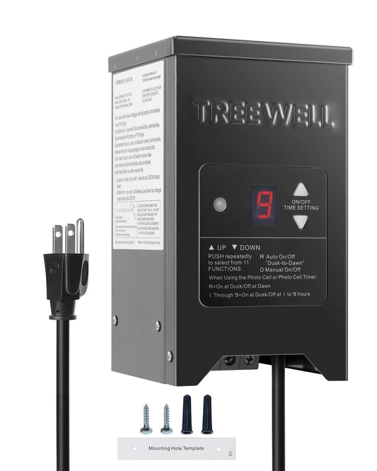 Rynx | Treewell 150W Low Voltage Landscape Transformer, Outdoor Landscape Lighting Transformer with Photocell Sensor & Timer, 120V AC to 12V/15V AC, Stainless Steel Waterproof Transformer, Black, Etl Listed