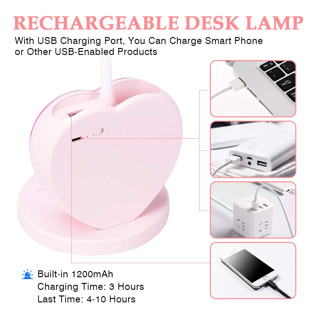 Rynx | Aluocyi Rosa LED Desk Lamp with USB Charging, Touch Control, Pen Holder & Phone Stand for Kids