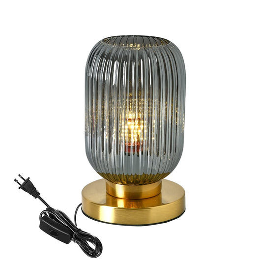 Rynx | Auwieou Bedside Table Lamp Mid Century Glass Table Lamps Modern Globe Table Lamp Gold Desk Lamp Nightstand Lamp with Pumpkin Design with Ribbed Glass Shade for Bedroom Living Room Office (Smoky Black)