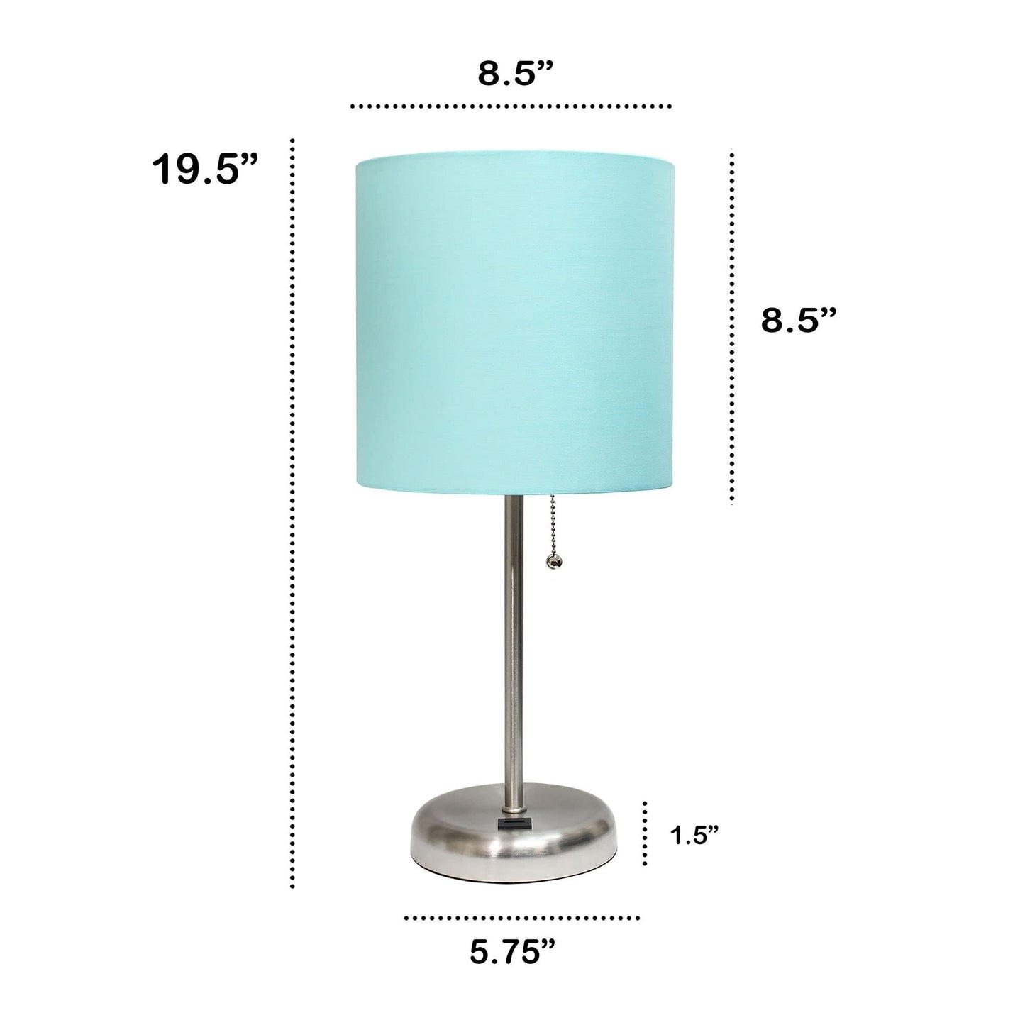 Rynx | Creekwood Home 19.5" Metal Table Lamp With USB Port & Aqua Drum Shade, Brushed Steel Finish
