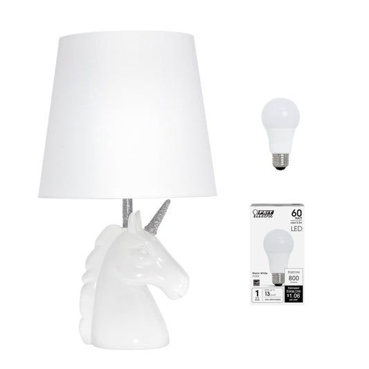 Rynx | Simple Designs Lt1078-Slv-Lb 15.5" Sparkling Glitter Unicorn Table Lamp For Children's Room, Children's Room, Living Room, Bedroom, Playroom, Entrance, White With Silver Glitter, With Bulky Led Light Bulb Included