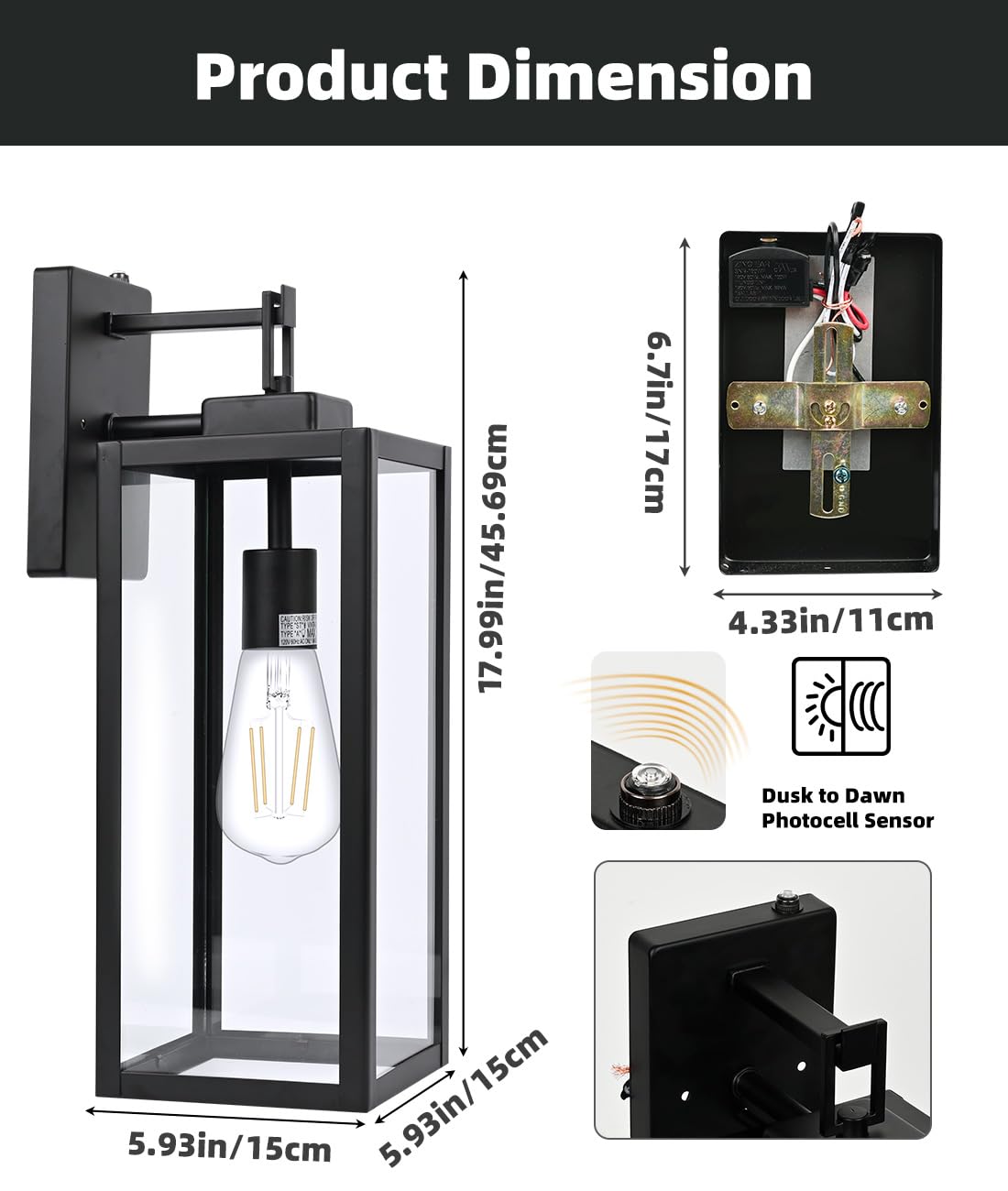 Rynx | Faymart Dusk To Dawn Outdoor Wall Lamp, 18" Candelabra With Sensor, Metal Glass Shade, 1 Pack