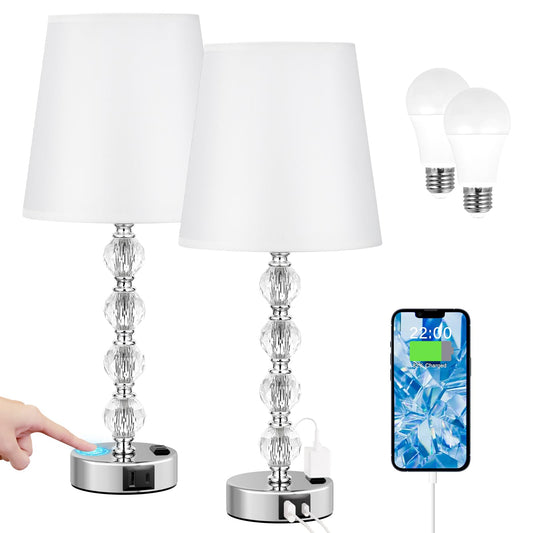 Rynx | Bedside Lamps For Bedroom Set Of 2 Nightstands - Large Crystal Table Lamps With USB C Charging Ports And AC Output, 3 Way Dimmer
