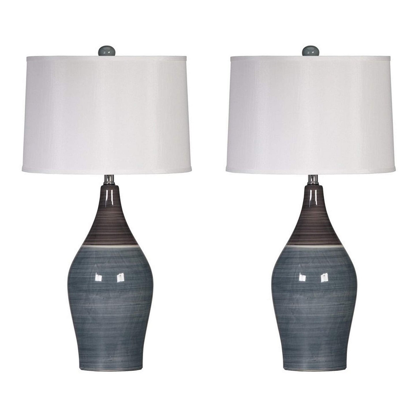 Rynx | Benjara Bm227189 Pot Bellied Ceramic Table Lamp With Brushed Details Gray & White - Set Of 2