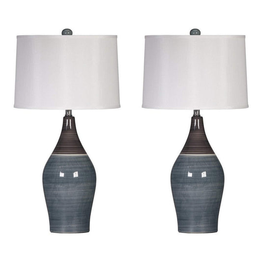 Rynx | Benjara Bm227189 Pot Bellied Ceramic Table Lamp With Brushed Details Gray & White - Set Of 2