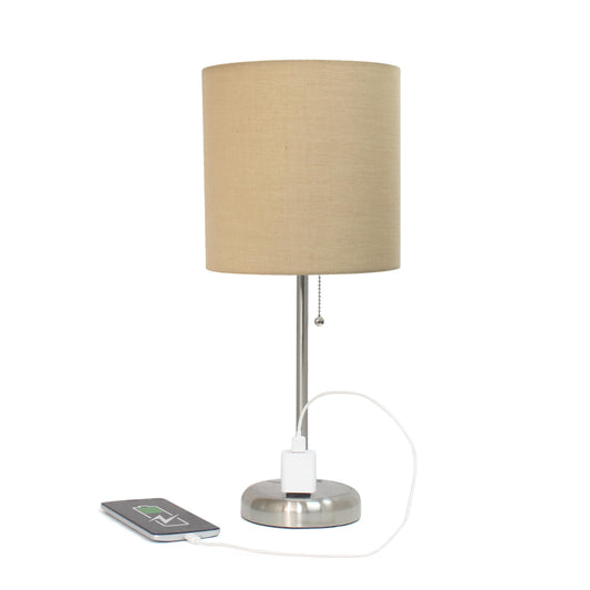Rynx | Simple Design Lt1144-Tan Elegant and sleek brushed steel table lamp with charging port, for bedroom, living room, hallway, office, dining room, study, tan shade
