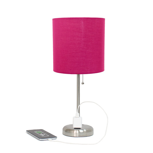 Rynx | Simple design Lt1144-Pnk Elegant and sleek brushed steel table lamp with charging port, for bedroom, living room, hallway, office, dining room, study, pink shade