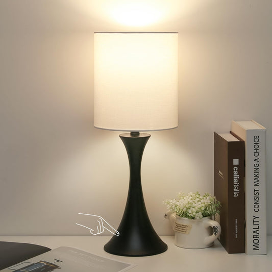 Rynx | 3 Way Touch Control Table Lamp, Modern Bedside Lamp for Bedroom, Dimmable Black Nightstand Lamp White Shade Desk Reading Light F