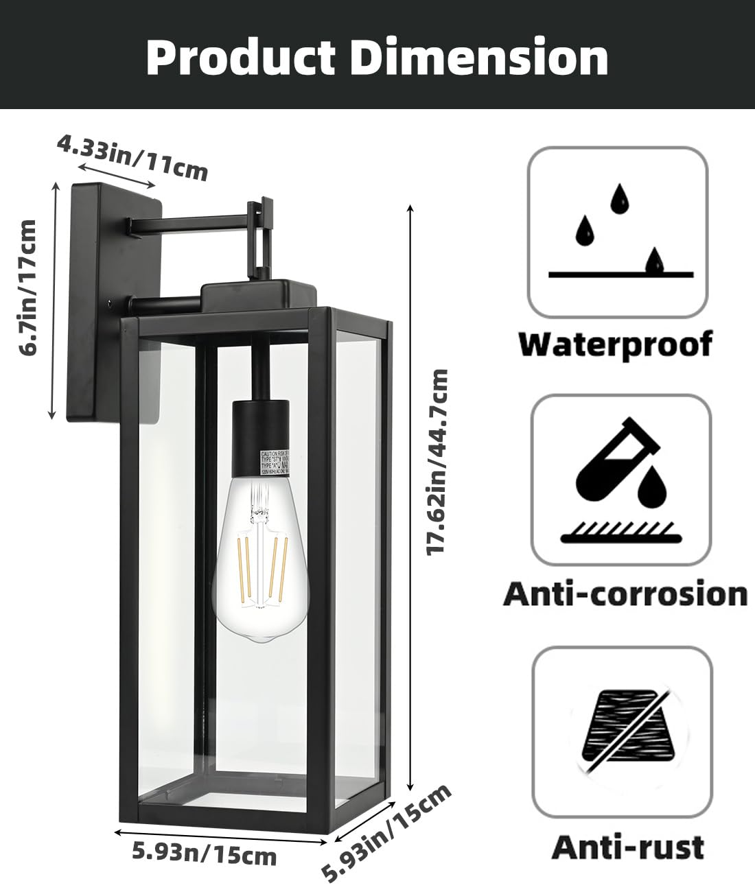 Rynx | Faymart Large Outdoor Wall Lamp, 18" Metal & Glass Light Fixture, E26 Socket, 1 Pack